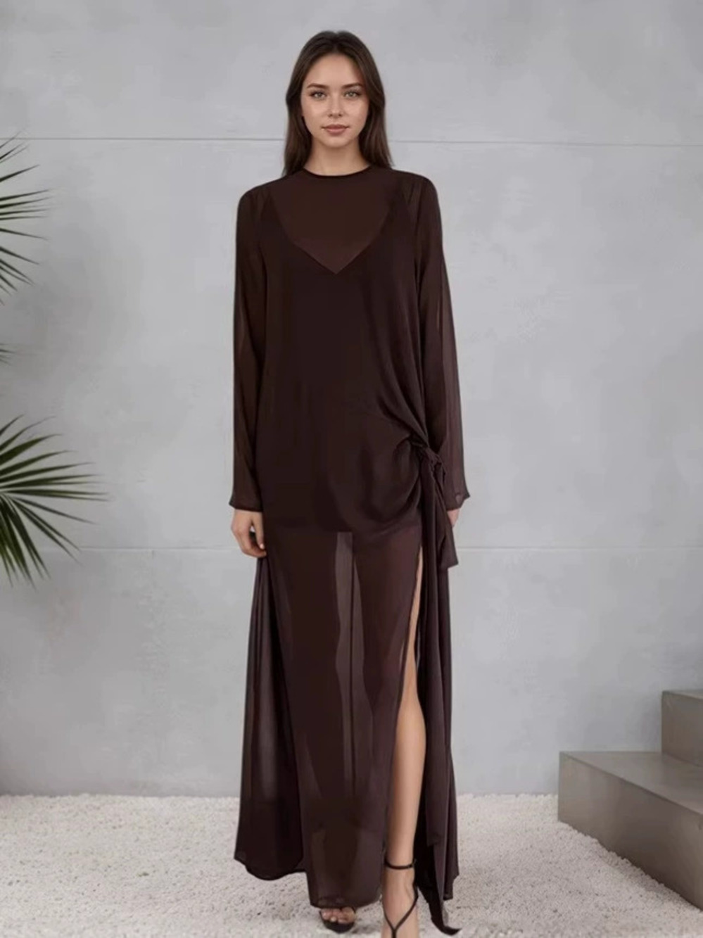 Forever 21 Brown Sheer Tie Front Round Neck Long Sleeve Maxi Dress Slit